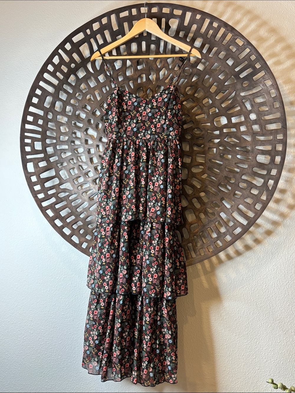 🌸Black Floral Tiered Maxi Dress Small Boho Cottagecore Baevly Spaghetti Strap